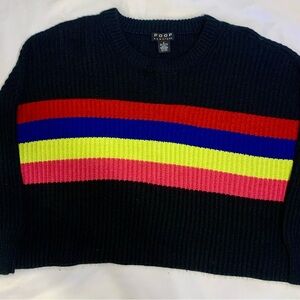 Women’s Poof Cropped Crewneck Sweater Black with Multicolor Stripes Size S